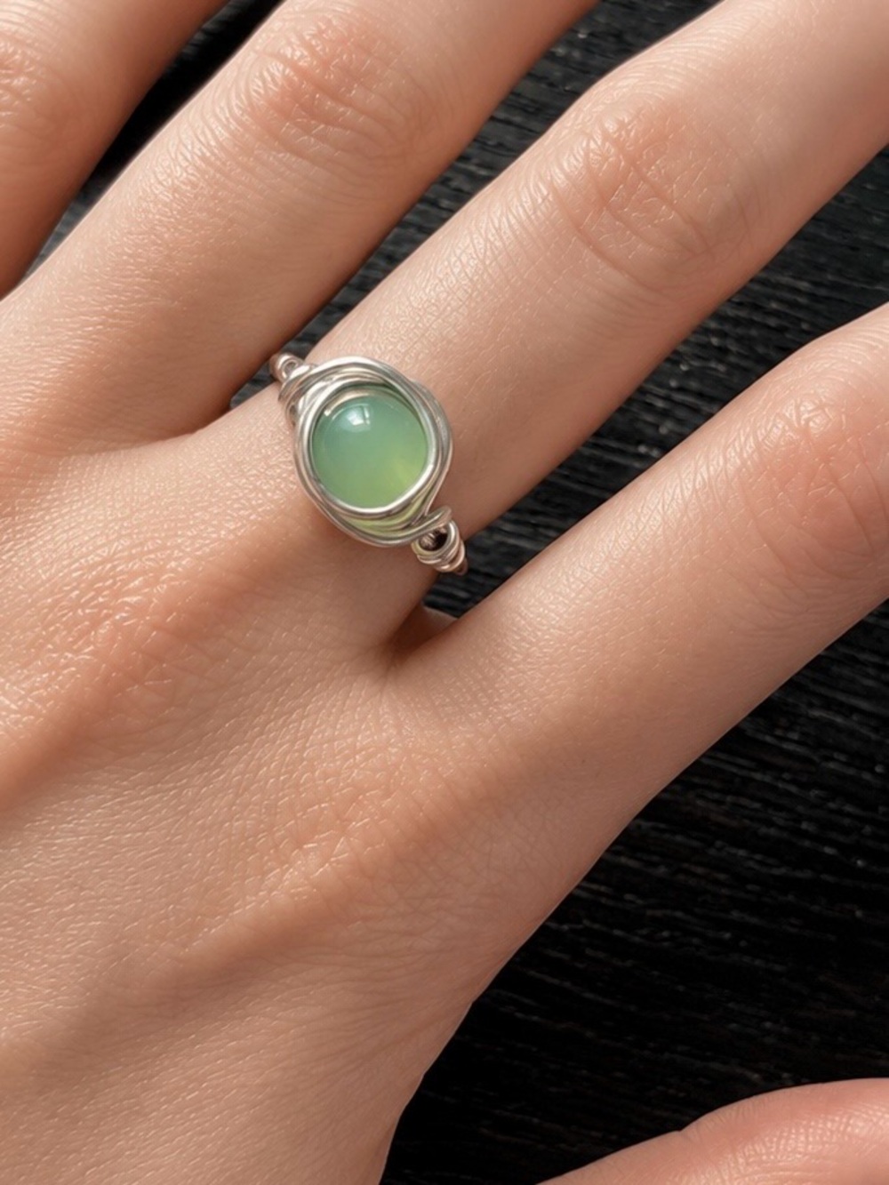 Handcrafted Silver Wire Ring with Green Chalcedony
